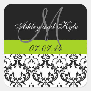 Adesivo Quadrado Monograma verde Damask Save the Date Stickers