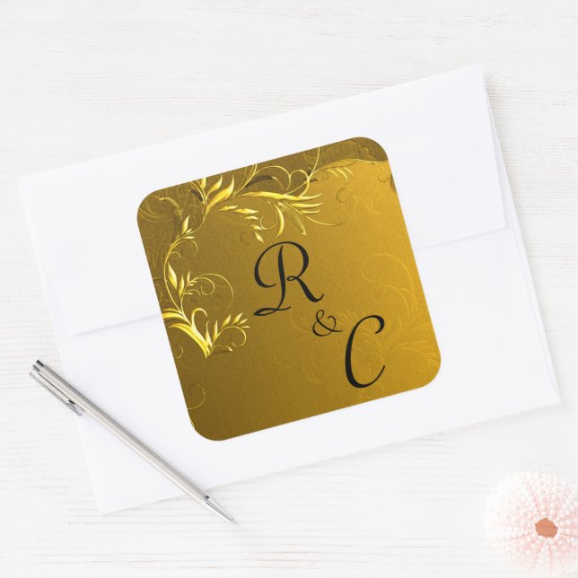 Adesivo Quadrado Monogramas de Casamento de Elegância ouro (Envelope)