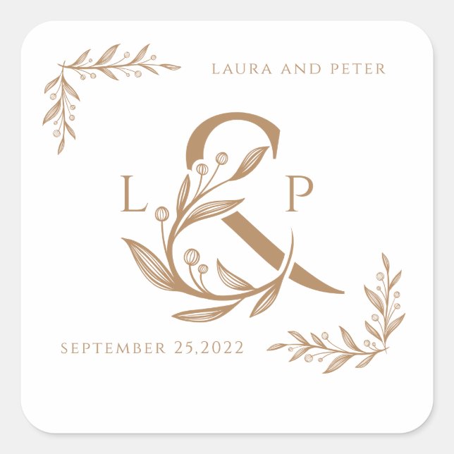 Adesivo Quadrado Monogramas de casamento elegantes com amperse flor (Frente)