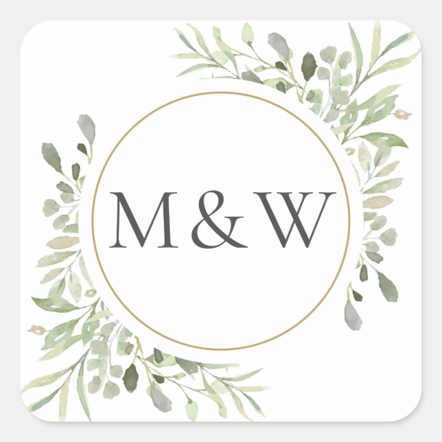 Adesivo Quadrado Monogramas iniciais de folhagem em aquarela verde (Frente)
