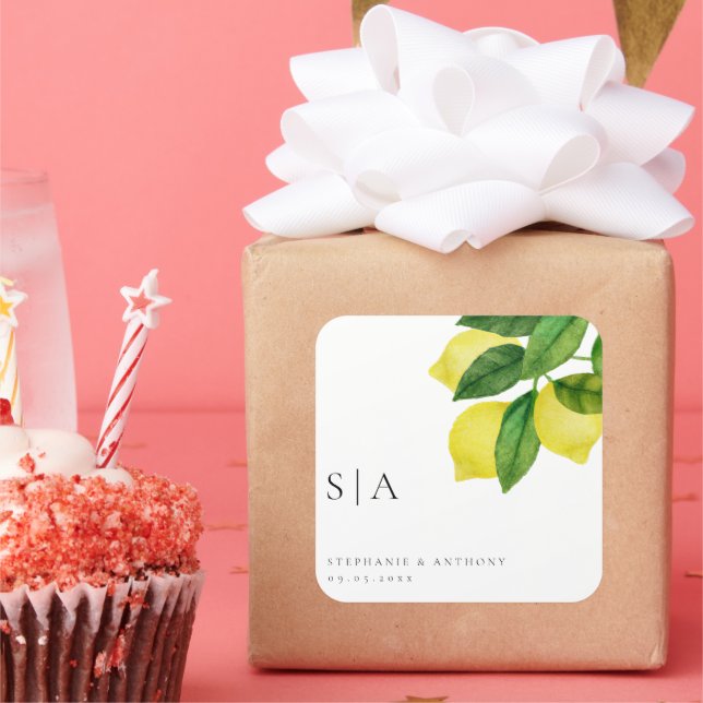 Adesivo Quadrado Monogramas Limão Citrino Ramo de Folhagem Casament (Festa)