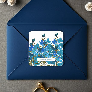 Adesivo Quadrado Monomograma de Flores Silvestres de Aquarela Azul 