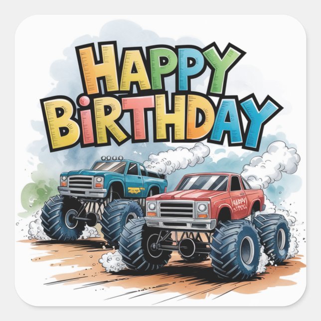 Adesivo Quadrado Monster Truck Birthday Bash Watercolor Art (Frente)
