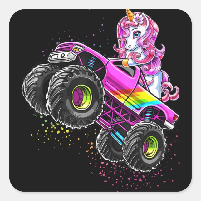 Adesivo Quadrado Monster Truck Unicorn Aniversário (Frente)