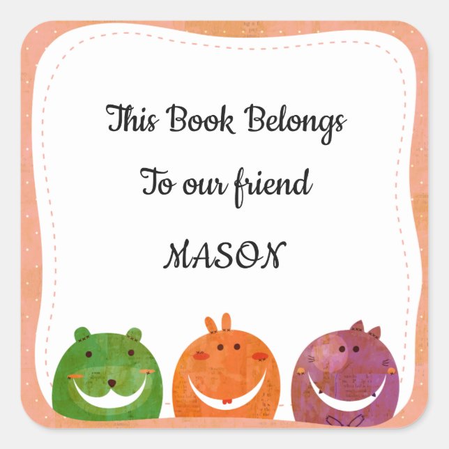 Adesivo Quadrado Monstro bonito adiciona seu nome modelo bookplate (Frente)