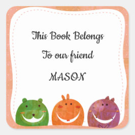 Adesivo Quadrado Monstro bonito adiciona seu nome modelo bookplate