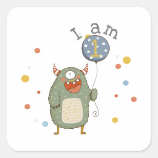 Adesivo Quadrado Monstro de Cuta Personalizável com Aniversário de 