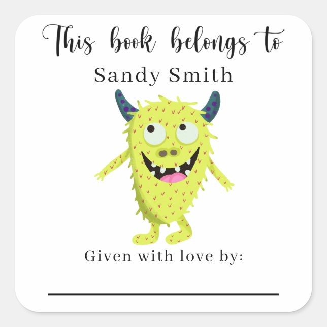 Adesivo Quadrado Monstro - Este livro pertence a com mensagem (Frente)