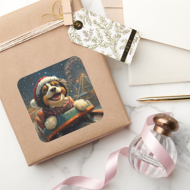 Adesivo Quadrado Montanha-russa de Cachorro Bernedoodle Natal  (Presentear)