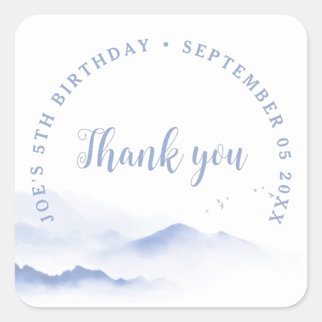 Adesivo Quadrado Montanhas Azuis Obrigado aniversário (Frente)