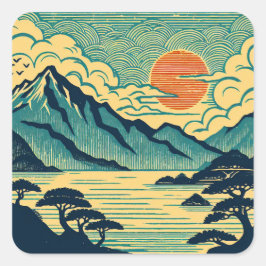 Adesivo Quadrado Montanhas Teal de Madeira Japonesa Pôr do Sol Lara