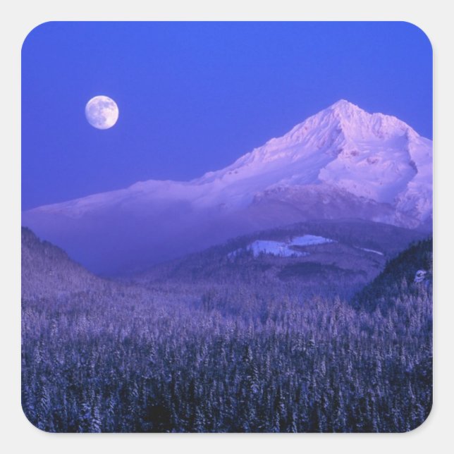 Adesivo Quadrado Moonrise no inverno do Monte Hood, Oregon (Frente)