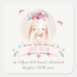 Adesivo Quadrado Morada de Coelhinho Floral Cor-de-Rosa-Rosa-Bonito