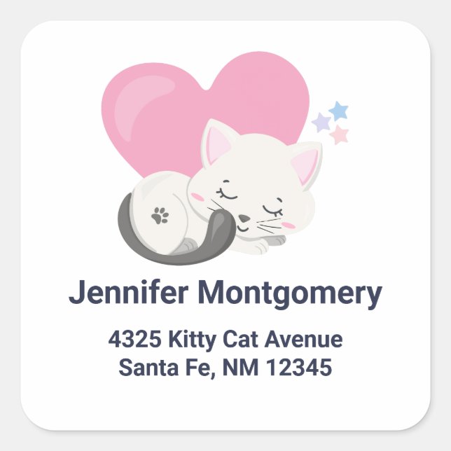 Adesivo Quadrado Morada de Dormência de Gatinho Branco Gato-Branco (Frente)