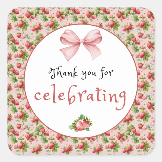 Adesivo Quadrado Morango Antiquado Obrigado Vinheta (Frente)