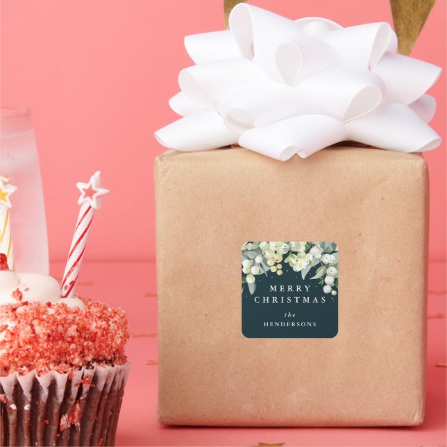 Adesivo Quadrado Morango Verde+Eucalyptus Feliz Natal/Personalizado (Festa)