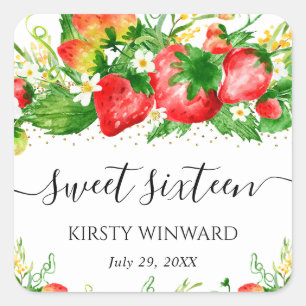 Adesivo Quadrado Morangos e Flores em Aquarela Sweet Sixteen