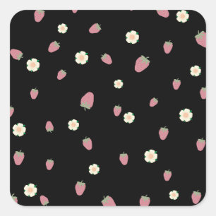 Adesivo Quadrado Morangos e Flores Padrão Preto