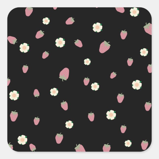 Adesivo Quadrado Morangos e Flores Padrão Preto (Frente)