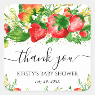 Adesivo Quadrado Morangos em Aquarela e Flores Baby Shower