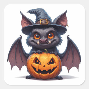 Adesivo Quadrado Morcego Assustador de Halloween Com Chapéu de Brux