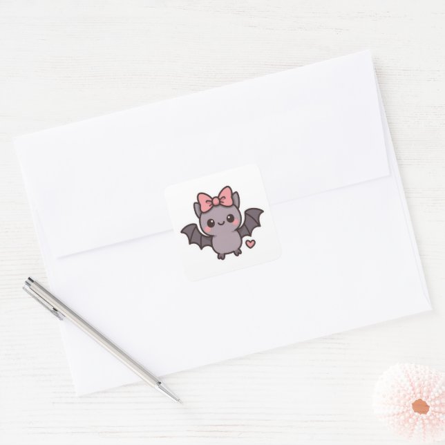Adesivo Quadrado Morcego branco de halloween com arco rosa (Envelope)