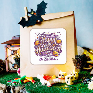 Adesivo Quadrado Morcegos Engraçados e Abóboras Feliz Halloween