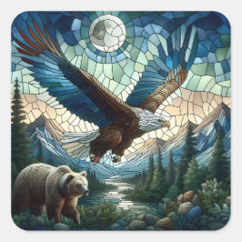 Adesivo Quadrado Mosaic Bear and Eagle in the Mountains Ai Art