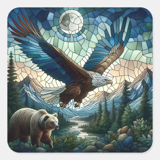 Adesivo Quadrado Mosaic Bear and Eagle in the Mountains Ai Art (Frente)