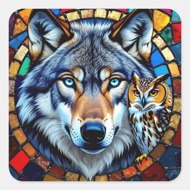 Adesivo Quadrado Mosaic Style Owl and Wolf Wildlife Vibrant (Frente)