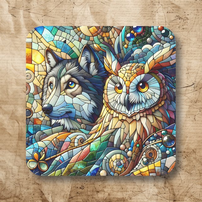 Adesivo Quadrado Mosaico Azulejo Wolf and Owl (Criador carregado)