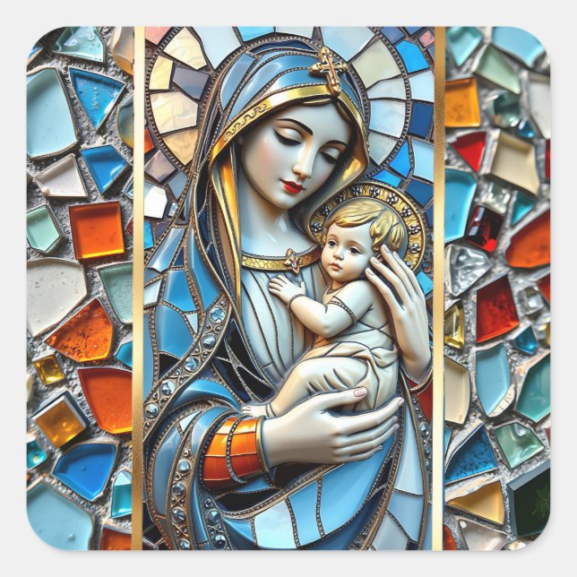 Adesivo Quadrado Mosaico de Vidro Mantido | Mary e Jesus Natal (Frente)