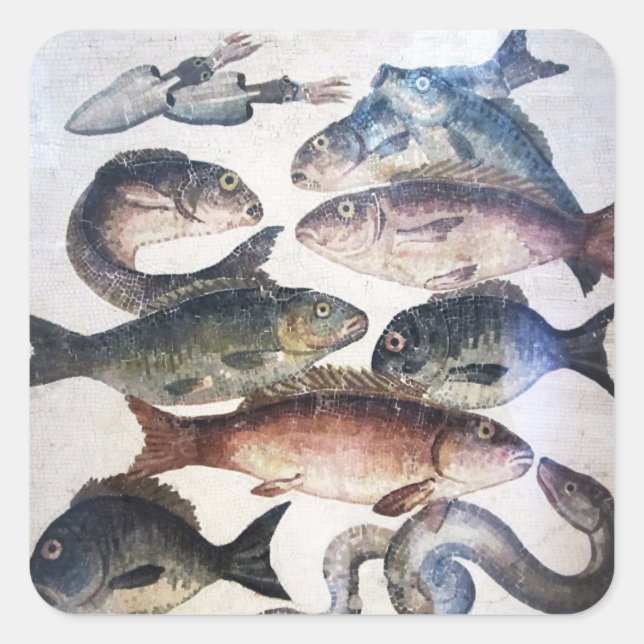 ADESIVO QUADRADO MOSAÍDOS ROMANOS ANTIGOS, PESCAS, CENA CÉLULA DE V (Frente)