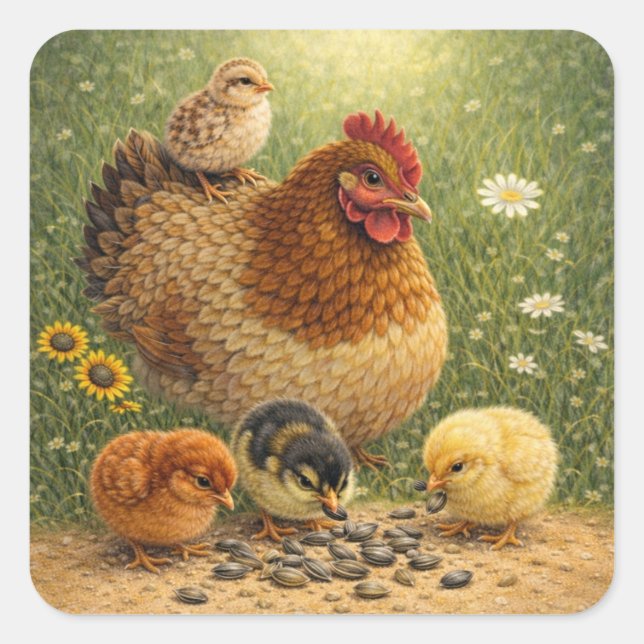 Adesivo Quadrado Mother Hen with Chicks Feeding on Sunflower Seeds  (Frente)