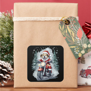 Adesivo Quadrado Moto de Cachorro Papai Noel Fundo Preto