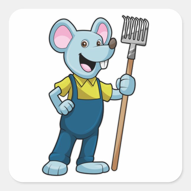Adesivo Quadrado Mouse como agricultor com Rake (Frente)