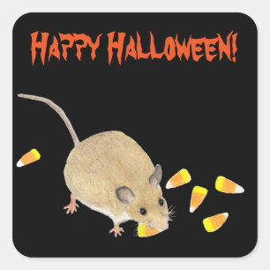 Adesivo Quadrado Mouse de Trick ou Tratar Halloween com Candy Corns