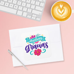 Adesivo Quadrado Muchas Gracias, Espanhol e Colorido