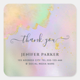 Adesivo Quadrado Muito obrigado em letra cursiva holográfica dourad