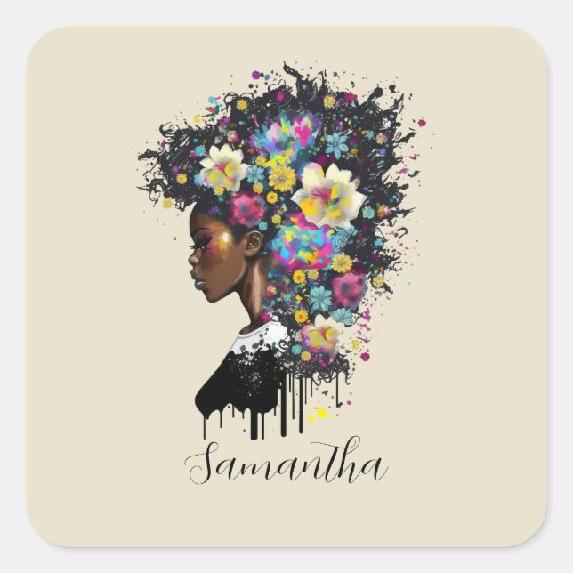 Adesivo Quadrado Mulher afro-americana afro-espumante (Frente)
