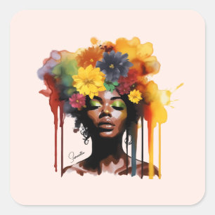 Adesivo Quadrado Mulher afro-americana com cabelo afro floral