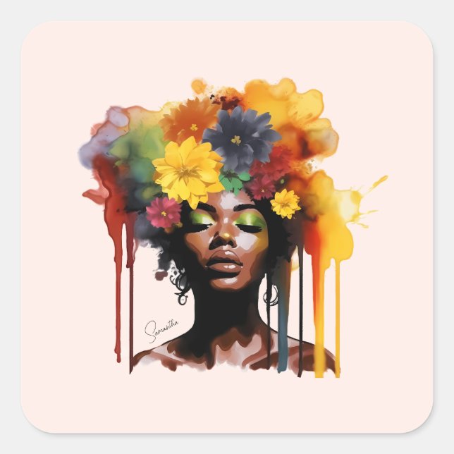 Adesivo Quadrado Mulher afro-americana com cabelo afro floral (Frente)