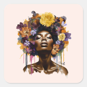 Adesivo Quadrado Mulher afro-americana com cabelo afro floral (3)