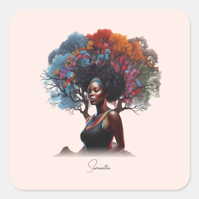 Adesivo Quadrado Mulher afro-americana com cabelo estragado em árvo (Frente)