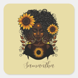 Adesivo Quadrado Mulher Afro Rainha Sunflower