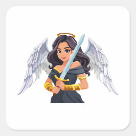 Adesivo Quadrado Mulher angelical fofa com asas abertas e espada