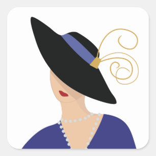 Adesivo Quadrado Mulher Art Déco dos anos 30 com Chapéu Preto Largo