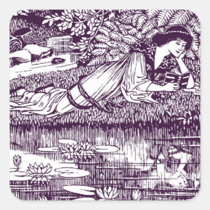 Adesivo Quadrado Mulher Art Nouveau Lendo perto de um Lago   Vintag