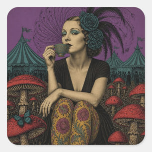 Adesivo Quadrado Mulher Bebe Chá no Circo