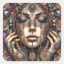 Adesivo Quadrado Mulher com Elaborada Ornamentação Baseada em Triba